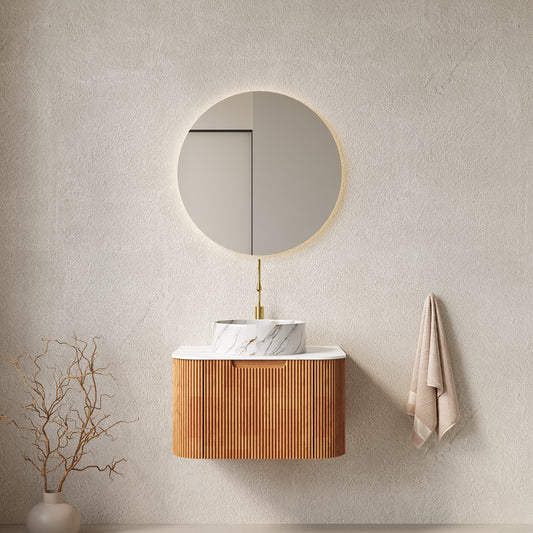 Dexmalle 24" Bathroom Vanity&Sink, Floating Curved Edges Striped Storage Cabinet with Drawer, Matte Stone White Round Ceramic Basin