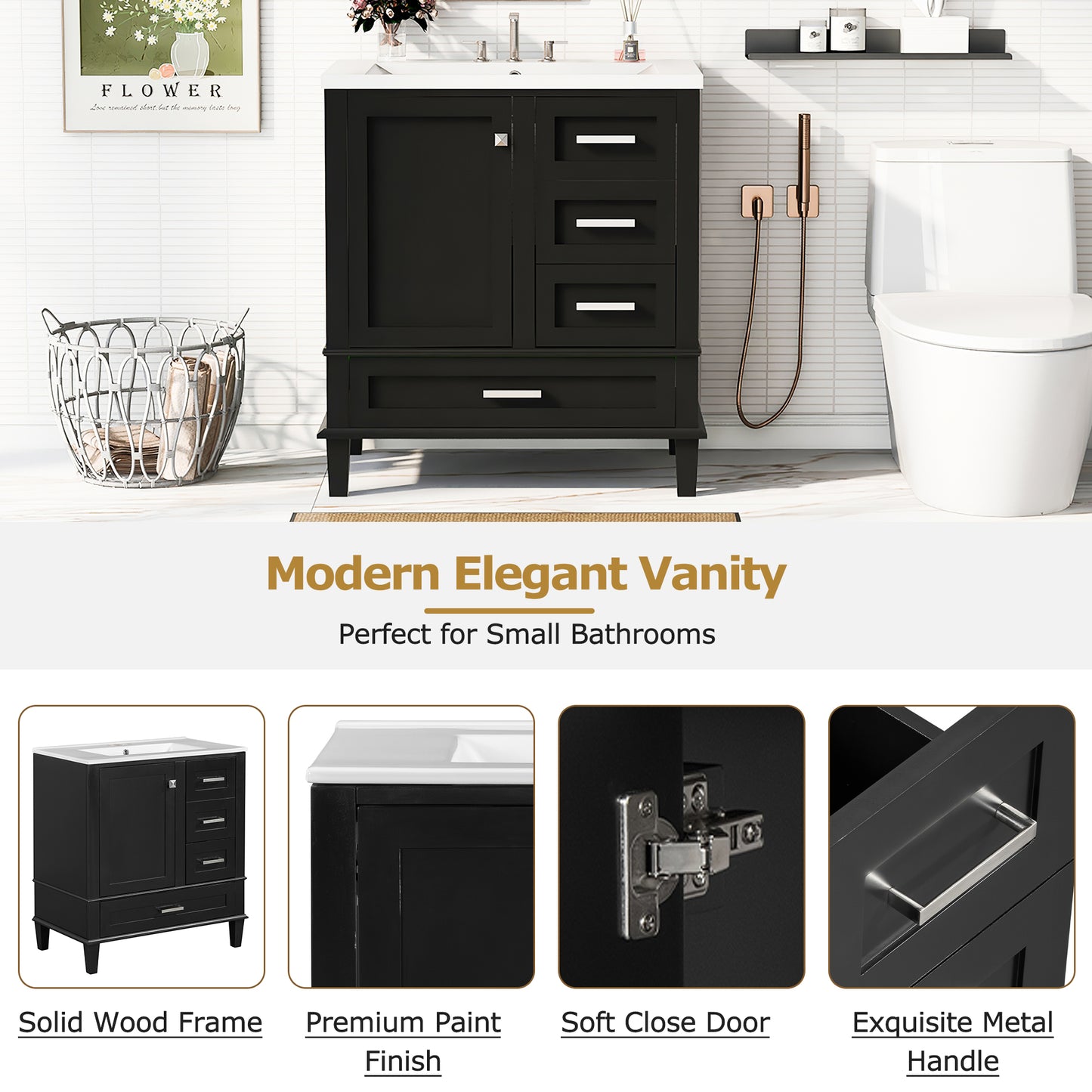 Dexmalle 30-in Black Freestanding Single Sink Bathroom Vanity with White Ceramic Top and Drawers