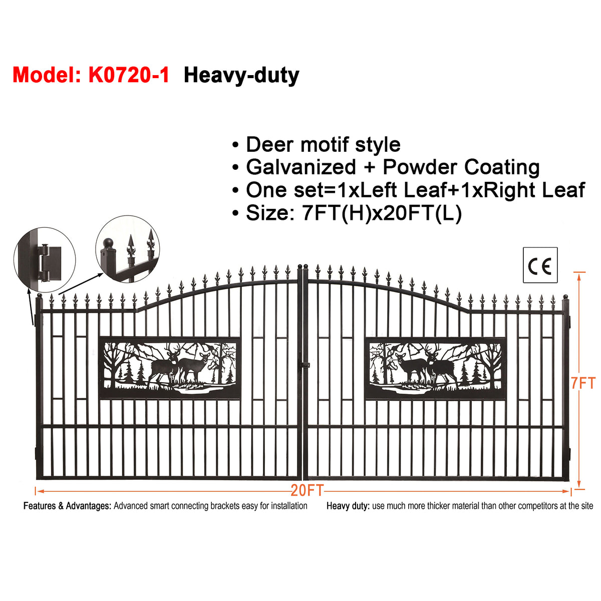 Dexmalle 20FT x 7FT Heavy-Duty Bi-Parting Iron Gate