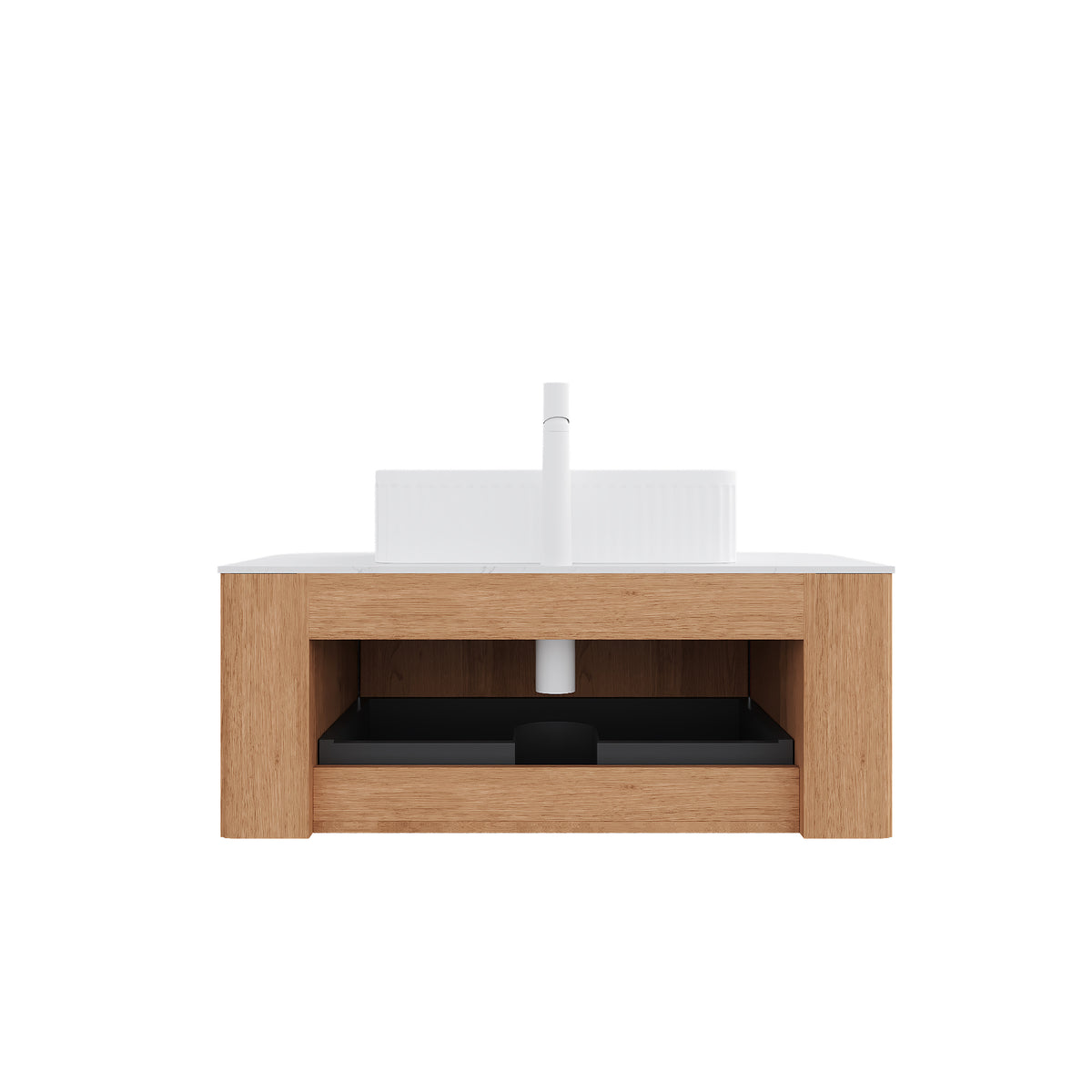 Dexmalle 36" Bathroom Vanity&Sink, Floating Curved Edges Striped Storage Cabinet with Drawer,White Rectangular Ceramic Basin&Carrara White Sintered Stone Top