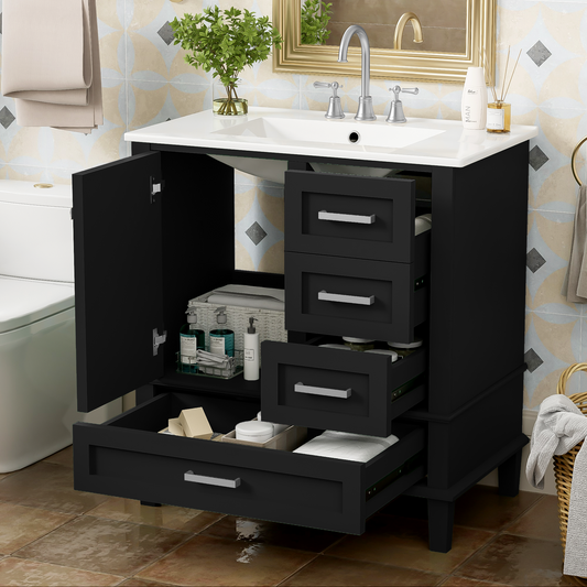 Dexmalle 30-in Black Freestanding Single Sink Bathroom Vanity with White Ceramic Top and Drawers