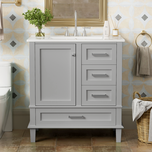 Dexmalle 30-in Gray Freestanding Single Sink Bathroom Vanity With White Ceramic Top and Three Drawers