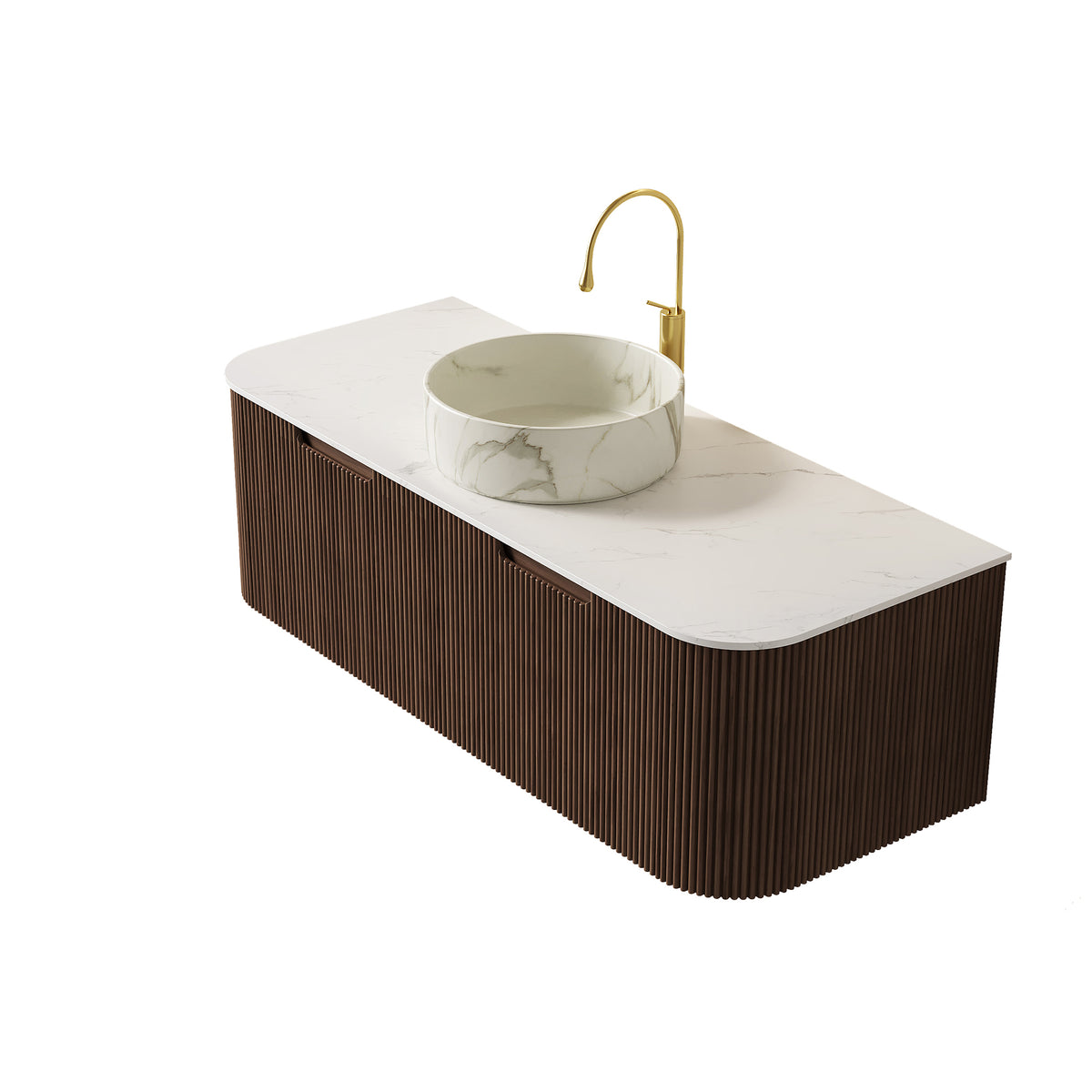 Dexmalle 48" Bathroom Vanity&Sink, Floating Curved Edges Stripe Storage Cabinet with 2 Drawers, Stone White Round Ceramic Basin