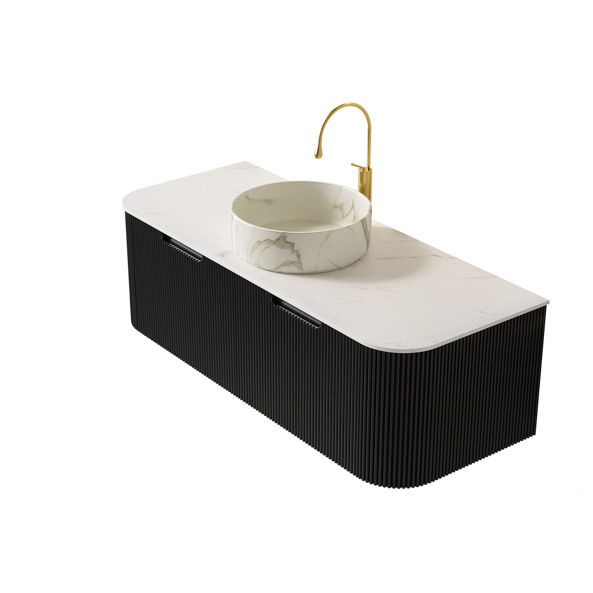Dexmalle 48" Bathroom Vanity&Sink, Floating Curved Edges Striped Storage Cabinet with 2 Drawers, Matte Stone White Round Ceramic Basin