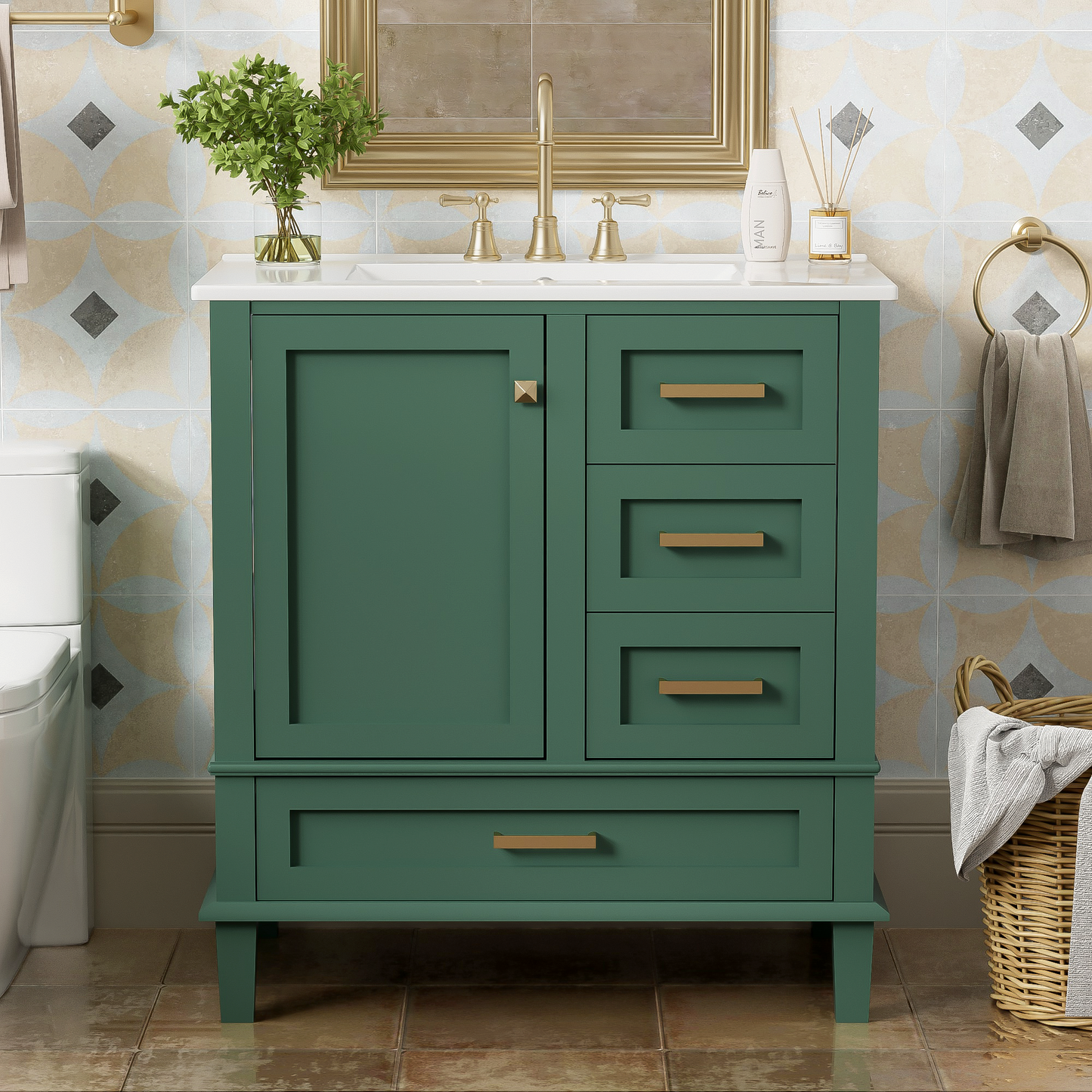 Dexmalle 30-in Green Freestanding Single Sink Bathroom Vanity With White Ceramic Top and Drawers