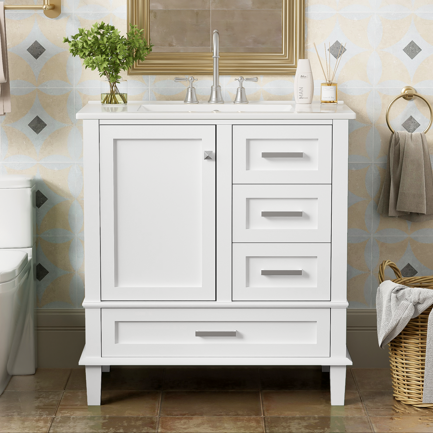Dexmalle 30-in White Freestanding Single Sink Bathroom Vanity With White Ceramic Top and Drawers