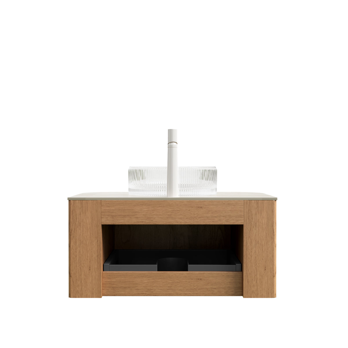 Dexmalle 30" Bathroom Vanity&Sink, Floating Curved Edges Striped Storage Cabinet with Drawer, Transparent Round Glass Basin