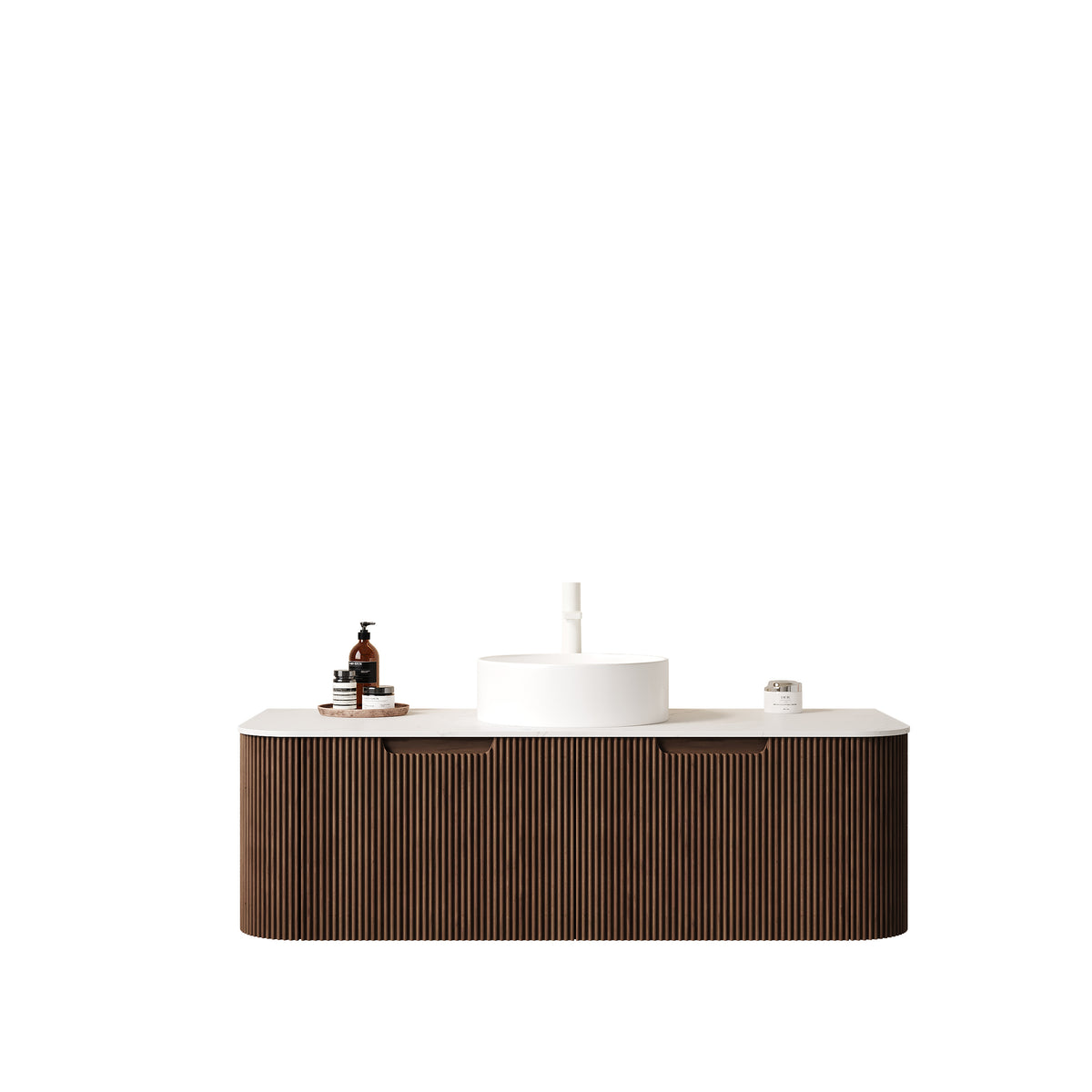 Dexmalle 48" Bathroom Vanity&Sink, Floating Curved Edges Striped Storage Cabinet with 2 Drawers, White Round Ceramic Basin