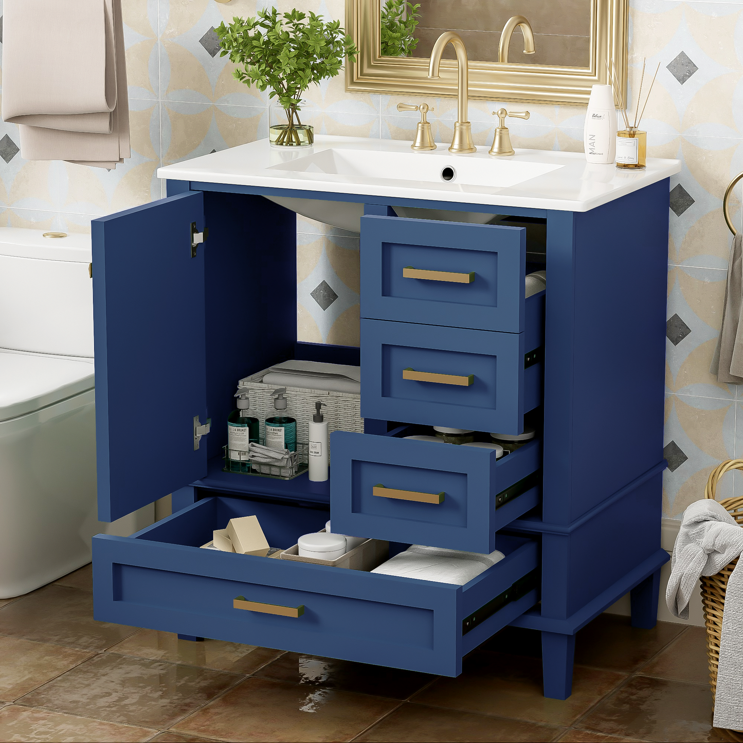Dexmalle 30-in Blue Freestanding Single Sink Bathroom Vanity With White Ceramic Top and Three Drawers