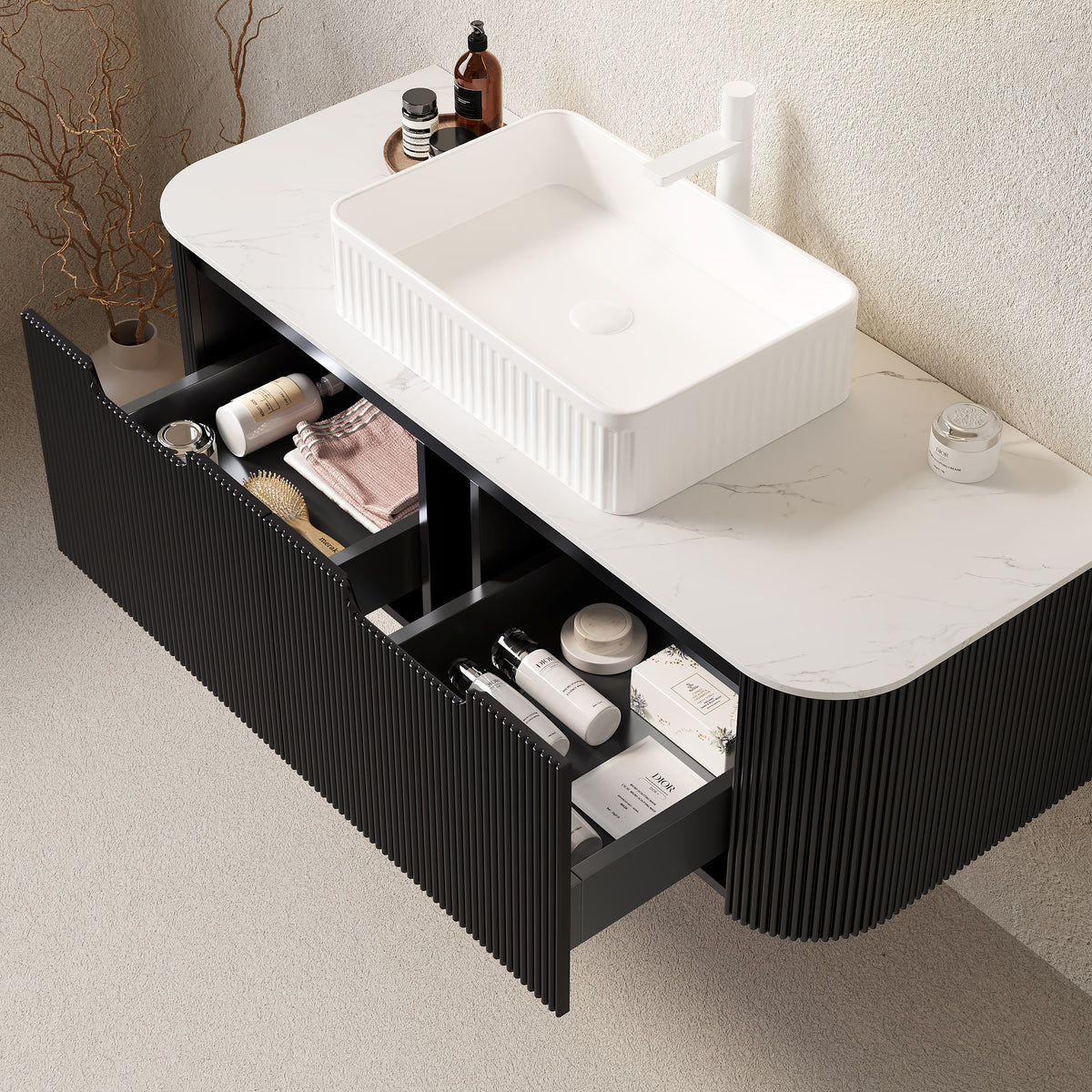 Dexmalle 48" Bathroom Vanity&Sink, Floating Curved Edges Striped Plywood Storage Cabinet with 2 Drawers, White Rectangular Ceramic Basin