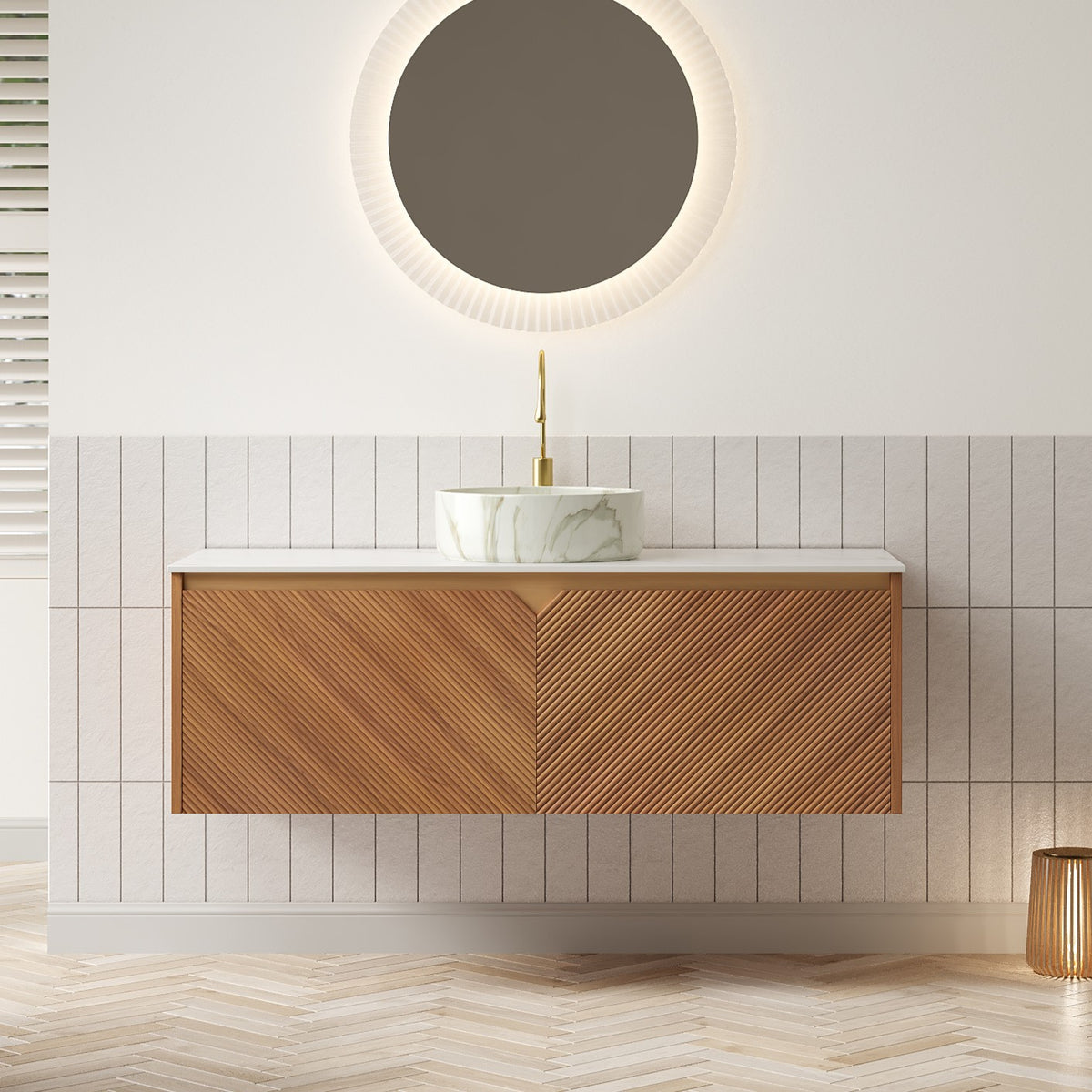 Dexmalle 30" Bathroom Vanity&Sink, Floating Plywood Storage Cabinet, Twill Double Doors with Metal Trim, Matte Stone Pattern