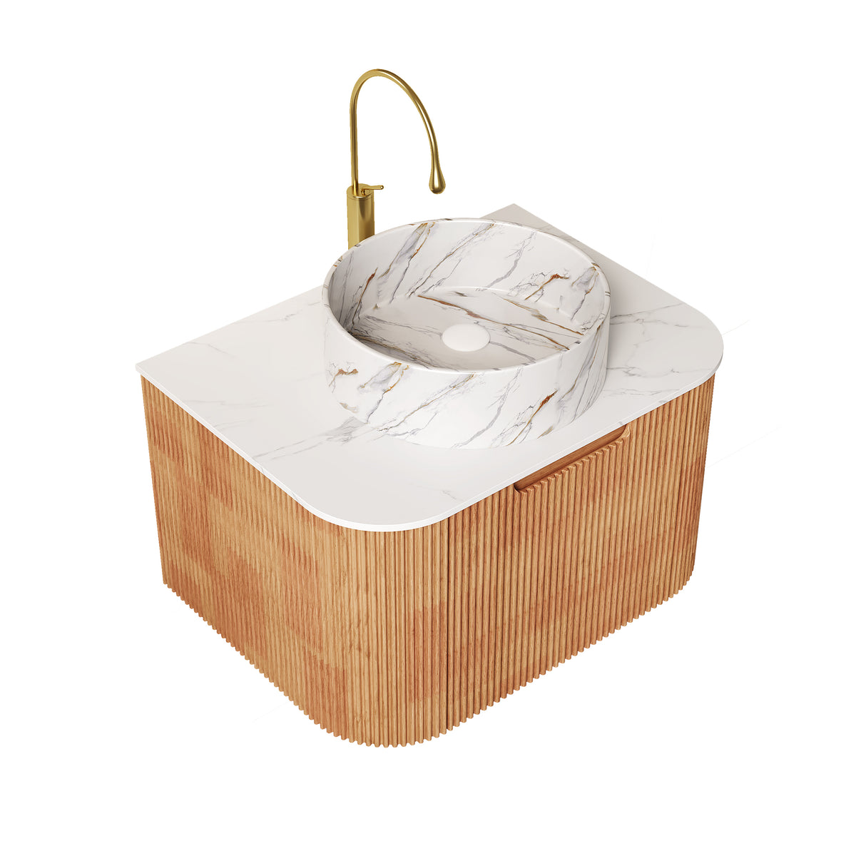 Dexmalle 24" Bathroom Vanity&Sink, Floating Curved Edges Striped Storage Cabinet with Drawer, Matte Stone White Round Ceramic Basin