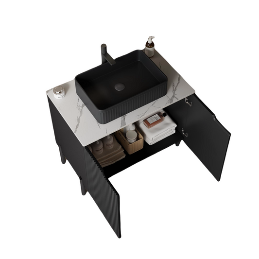 Dexmalle 30-in Black Freestanding Single Sink Bathroom Vanity with Sintered Stone Top and Black Vessel Sink