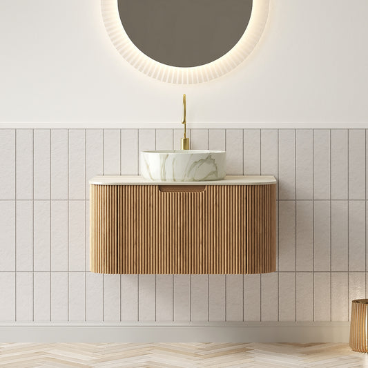 Dexmalle 30" Bathroom Vanity&Sink, Floating Curved Edges Striped Cabinet with Drawer, Round Ceramic Basin with Stone Pattern