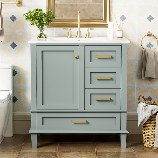 Dexmalle 30-in Light Green Freestanding Single Sink Bathroom Vanity with White Ceramic Top and Drawers