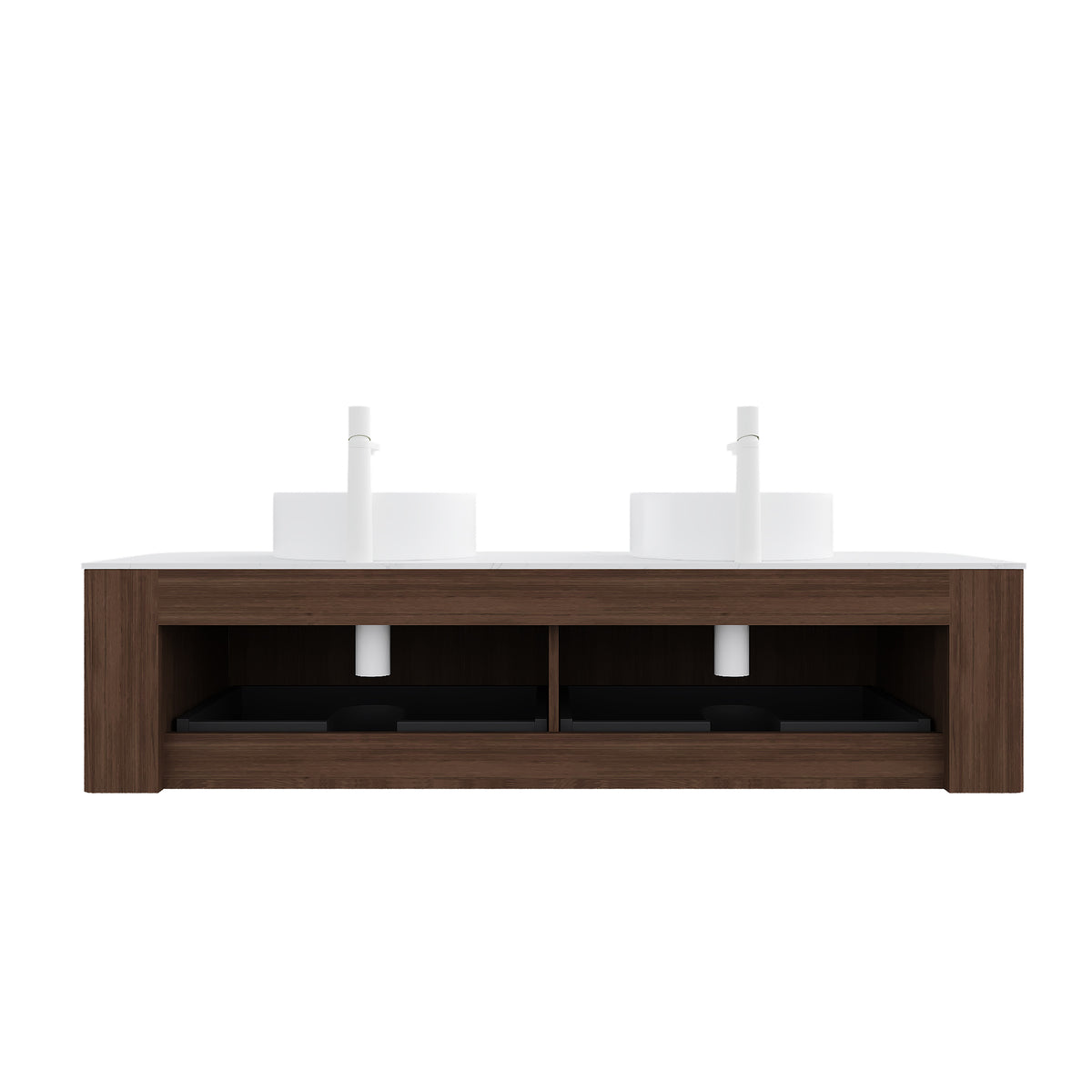 Dexmalle  60" Bathroom Vanity&Sinks, Floating Curved Edges Striped Storage Cabinet with 2 Drawers, 2 White Round Ceramic Basins