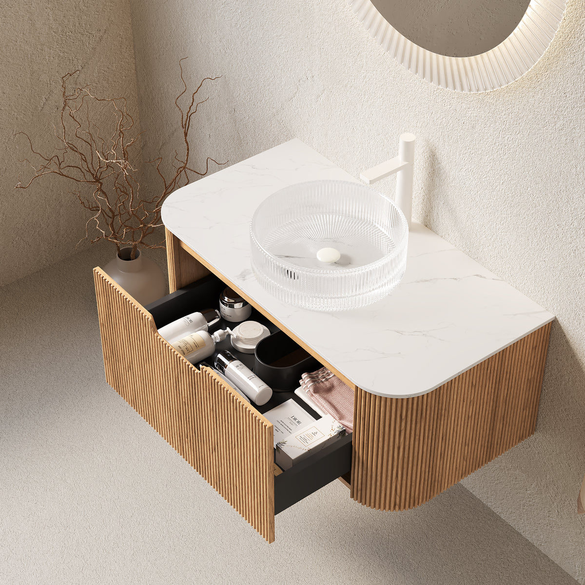 Dexmalle 36" Bathroom Vanity&Sink, Floating Curved Edges Striped Storage Cabinet with Drawer, Transparent Round Glass Basin&Carrara White Sintered Stone Top