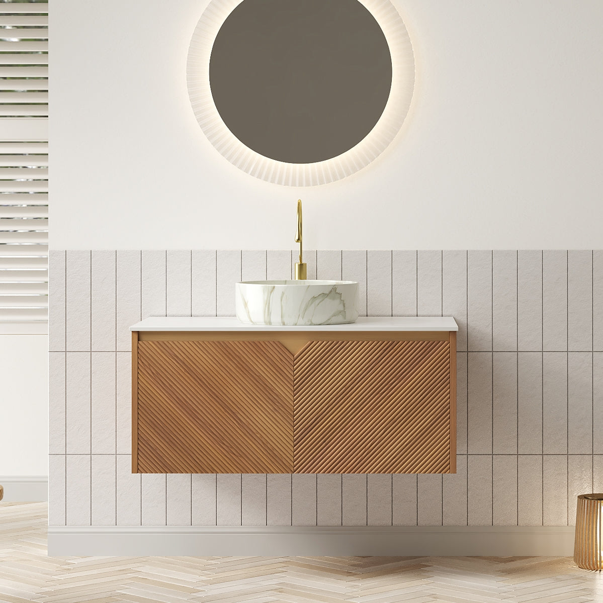 Dexmalle 30" Bathroom Vanity&Sink, Floating Plywood Storage Cabinet, Twill Double Doors with Metal Trim, Matte Stone Pattern