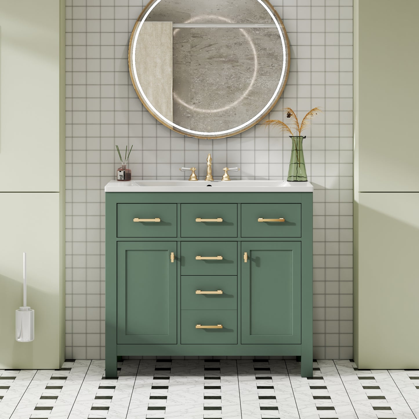 Dexmalle 36-in Green Undermount Single Sink Bathroom Vanity with White Ceramic Top and Four Drawers