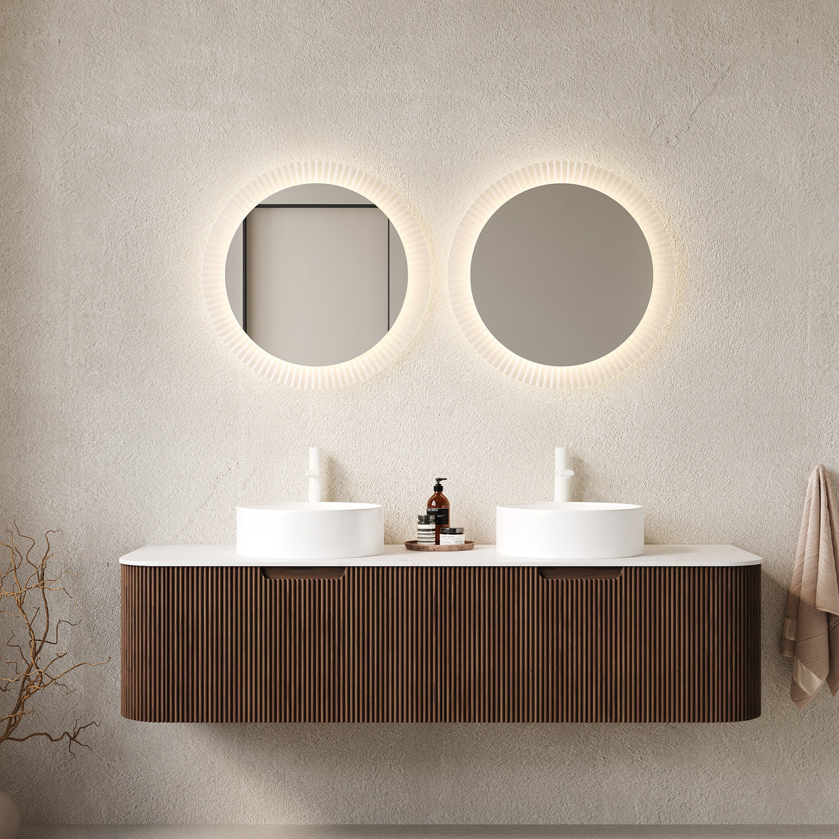 Dexmalle  60" Bathroom Vanity&Sinks, Floating Curved Edges Striped Storage Cabinet with 2 Drawers, 2 White Round Ceramic Basins