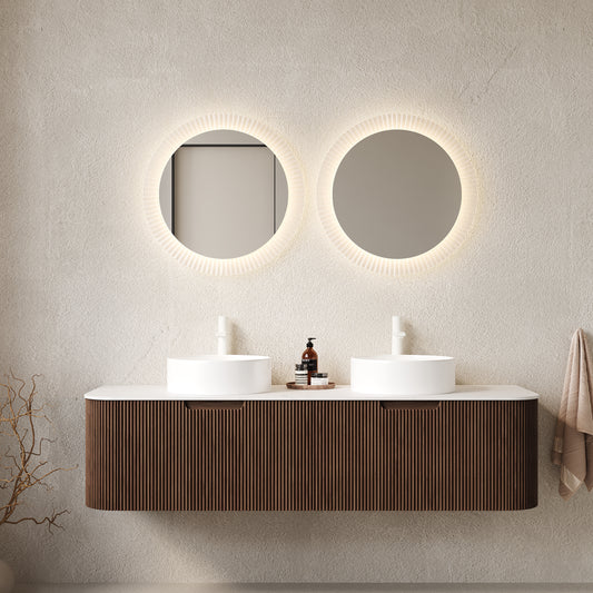 Dexmalle  60" Bathroom Vanity&Sinks, Floating Curved Edges Striped Storage Cabinet with 2 Drawers, 2 White Round Ceramic Basins