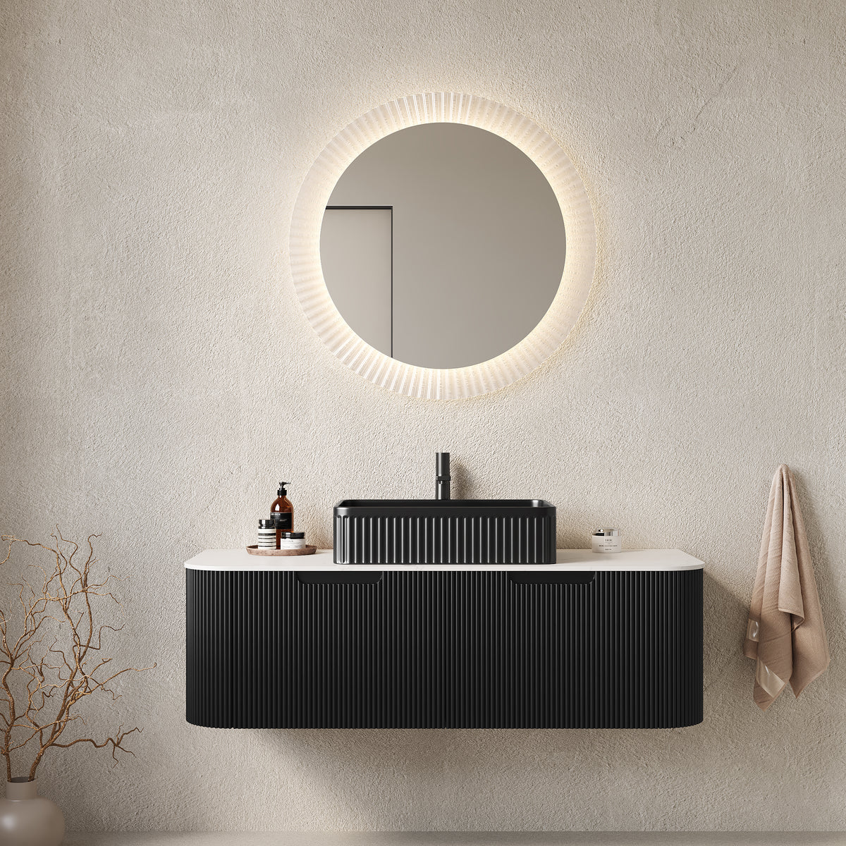 Dexmalle 48" Bathroom Vanity&Sink, Floating Curved Edges Striped Plywood Storage Cabinet with 2 Drawers, White Rectangular Ceramic Basin