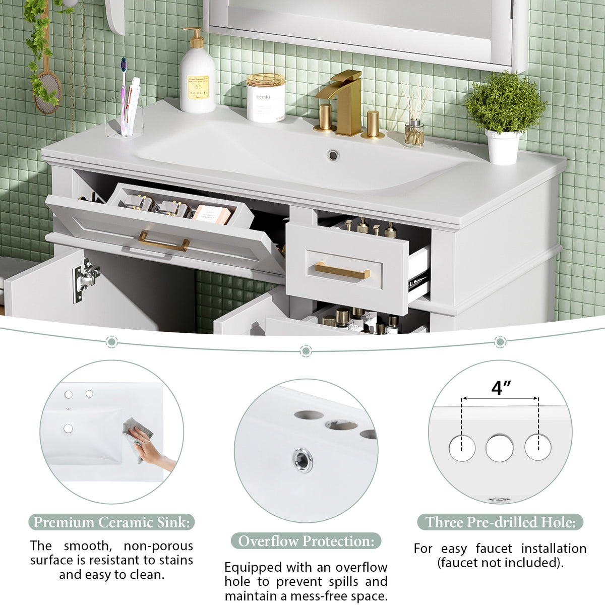 Dexmalle 36" White Modern Bathroom Vanity with Ceramic Sink