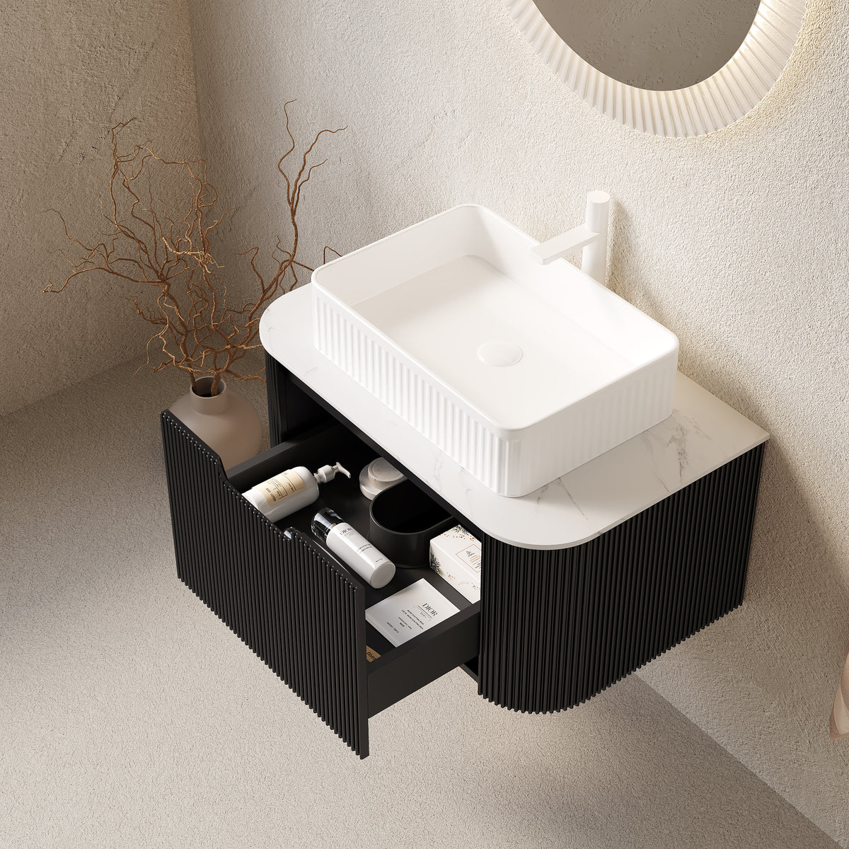 Dexmalle 30" Bathroom Vanity&Sink, Floating Curved Edges Striped Plywood Storage Cabinet with Drawer, White Rectangular Ceramic Basin