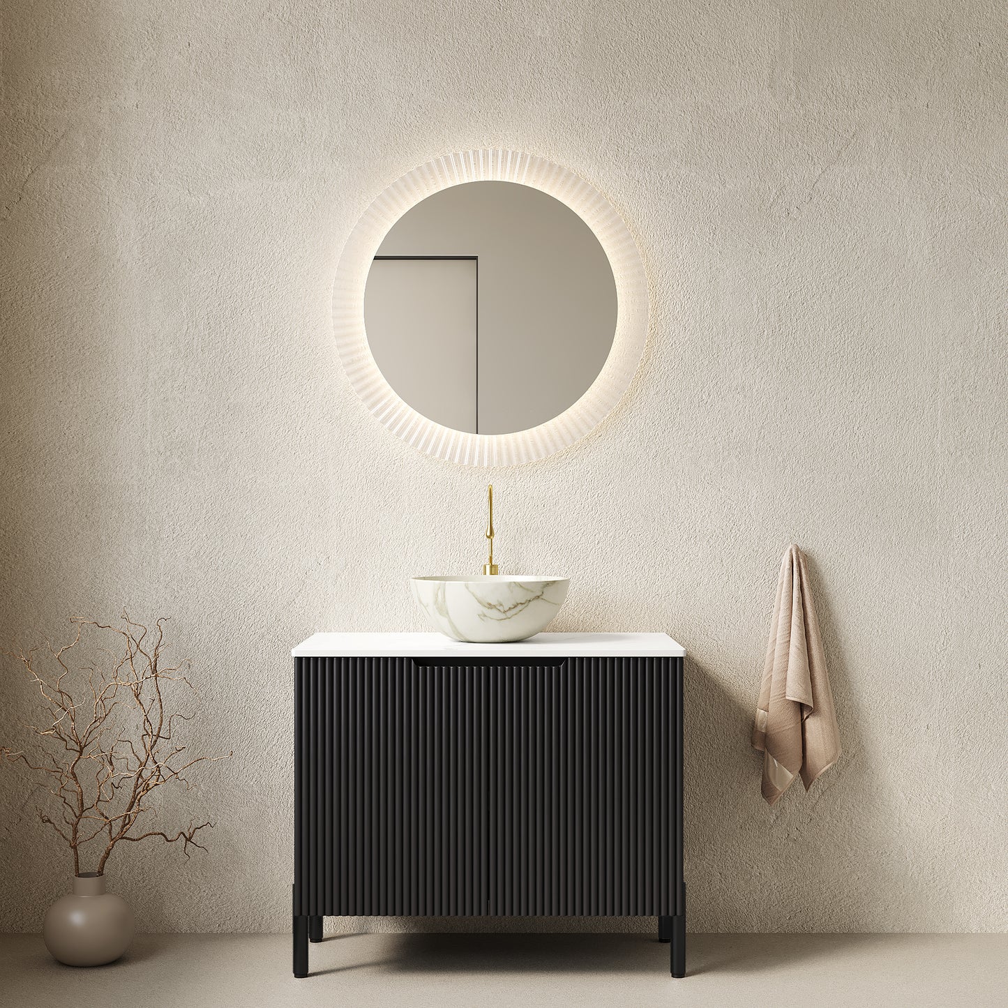 Dexmalle 30-in Black Freestanding Bathroom Vanity with Sintered Stone Top and White Bowl Vessel Sink