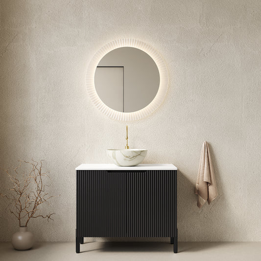 30-in Black Freestanding Bathroom Vanity with Sintered Stone Top and White Bowl Vessel Sink