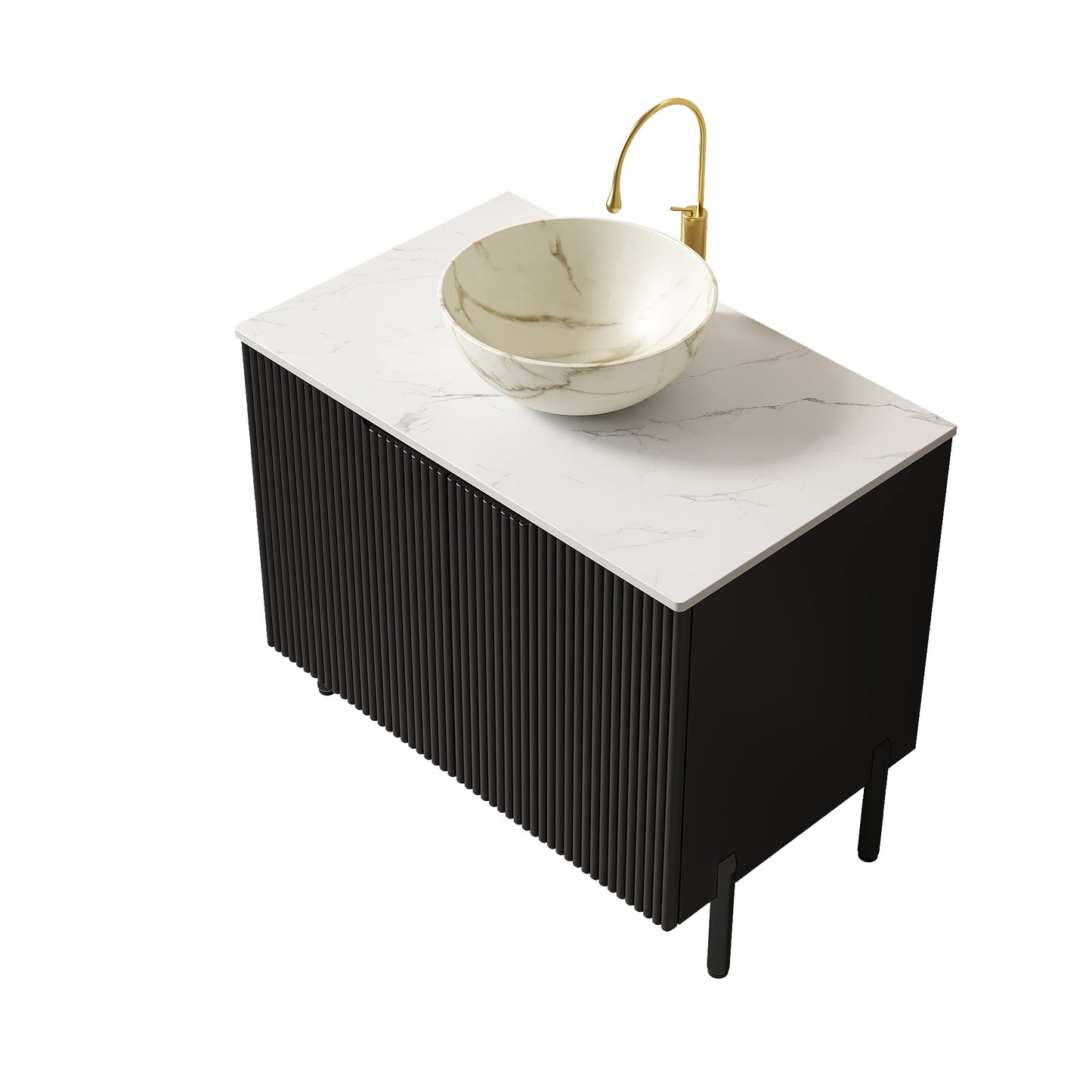 Dexmalle 30-in Black Freestanding Bathroom Vanity with Sintered Stone Top and White Bowl Vessel Sink
