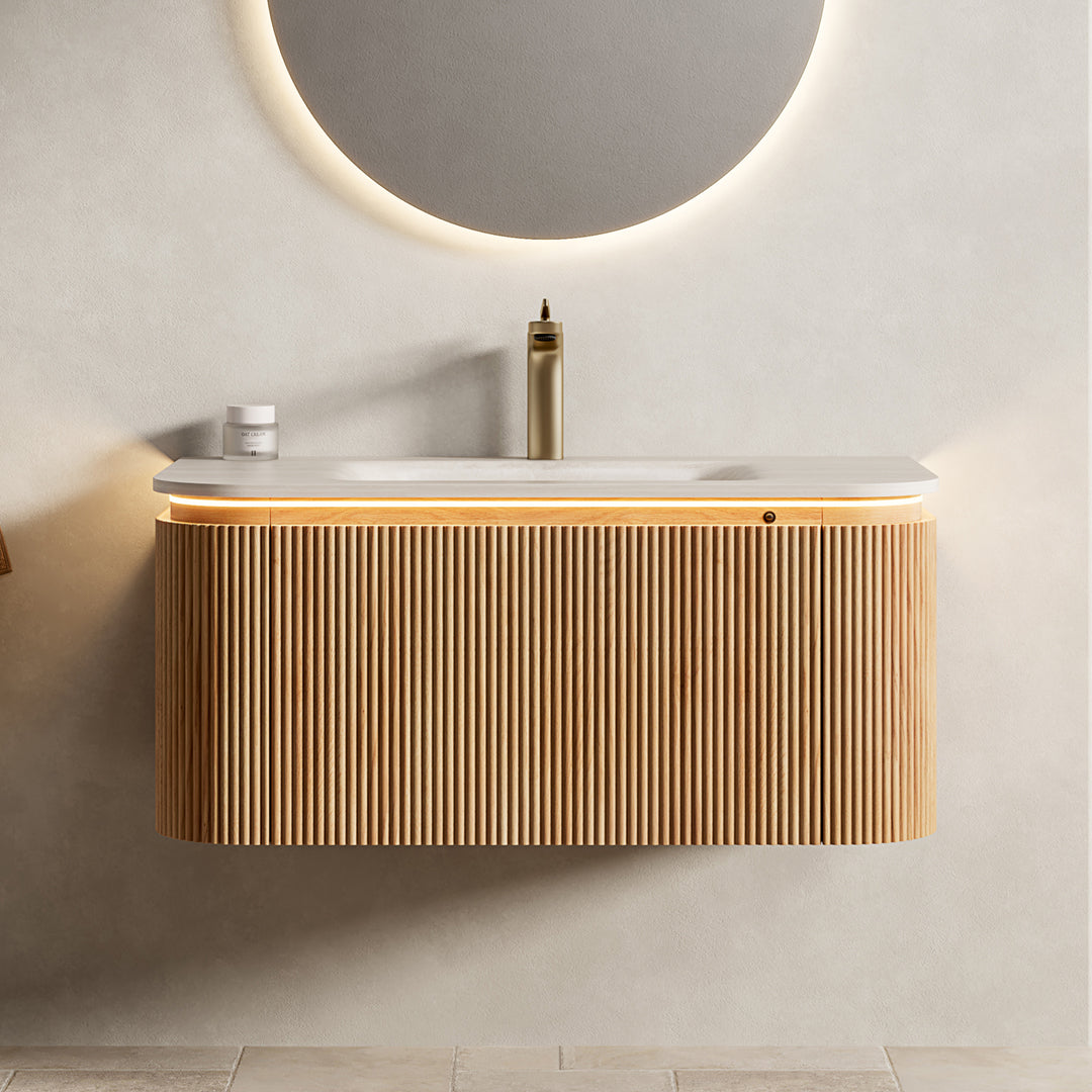 Dexmalle 36'' Bathroom Vanity&Sink, Floating Curved Edges Striped Cabinet with Drawer, Sensor Light