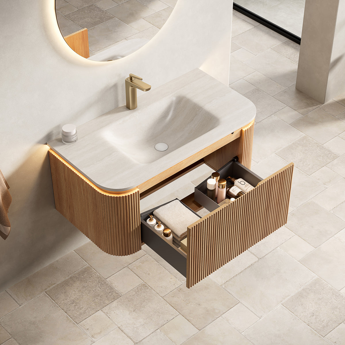Dexmalle 36'' Bathroom Vanity&Sink, Floating Curved Edges Striped Cabinet with Drawer, Sensor Light