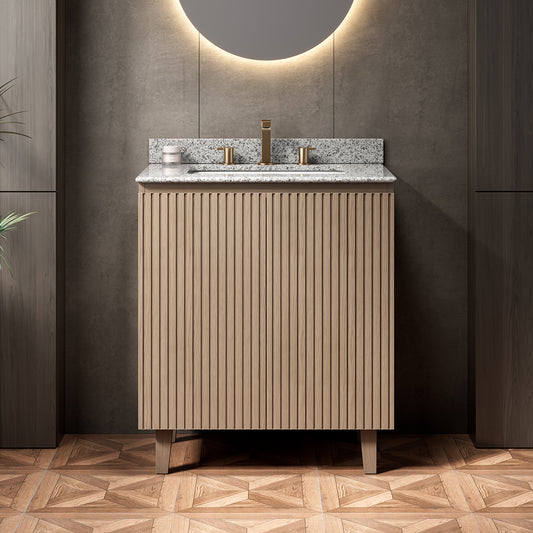 Dexmalle 30" Bathroom Vanity&Sink,Freestanding Cabinet,Natural Granite Countertop&Ceramic Basin with 3 Pre-drilled Faucet Holes