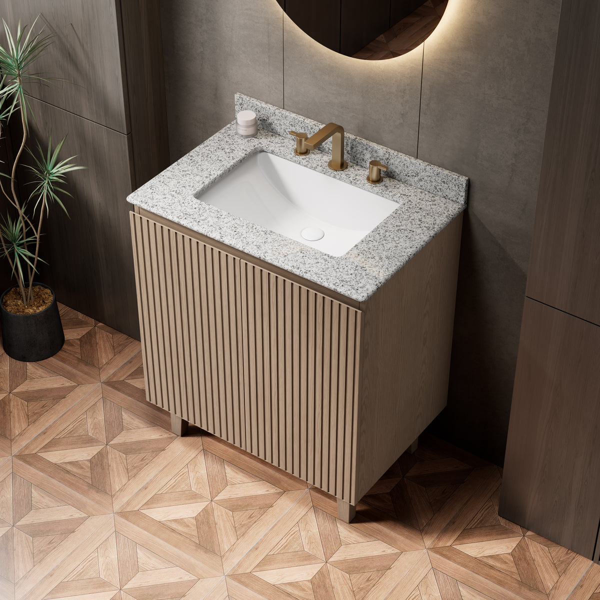 Dexmalle 30" Bathroom Vanity&Sink,Freestanding Cabinet,Natural Granite Countertop&Ceramic Basin with 3 Pre-drilled Faucet Holes