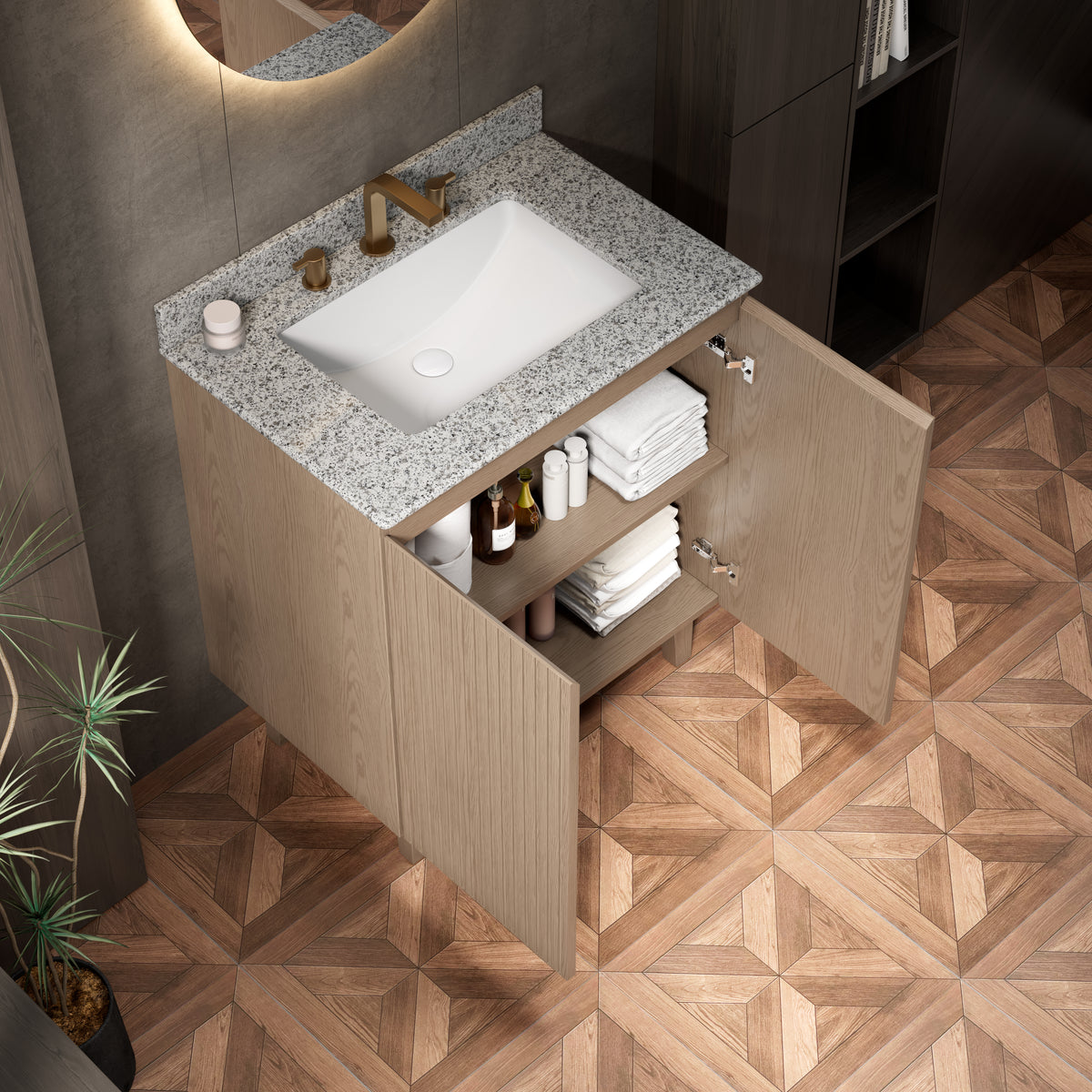 Dexmalle 30" Bathroom Vanity&Sink,Freestanding Cabinet,Natural Granite Countertop&Ceramic Basin with 3 Pre-drilled Faucet Holes