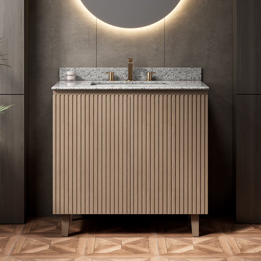 Dexmalle 30" Bathroom Vanity&Sink,Freestanding Cabinet,Natural Granite Countertop&Ceramic Basin with 3 Pre-drilled Faucet Holes
