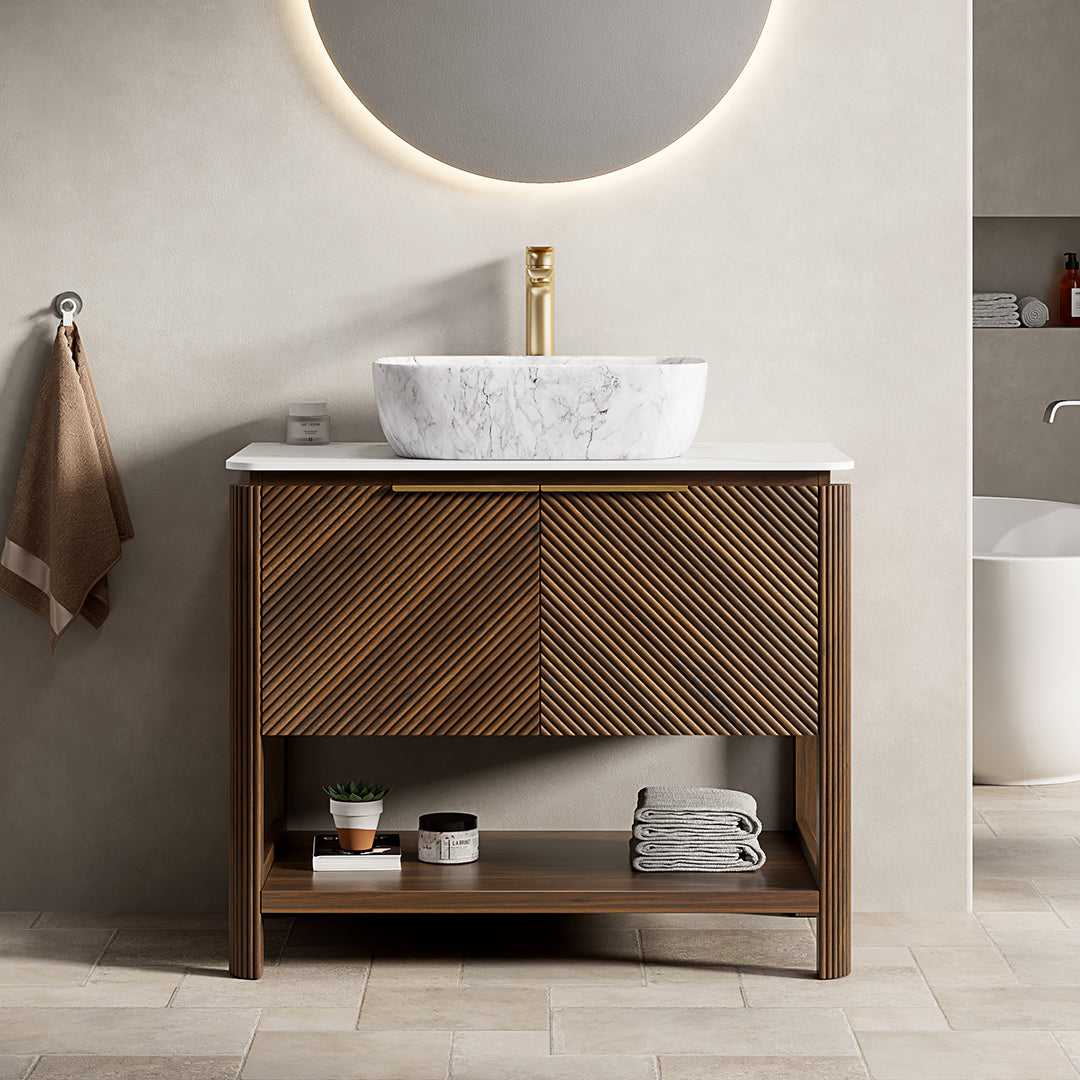 Dexmalle 36-in Dark Walnut Freestanding Single Sink Bathroom Vanity with Sintered Stone Top and Vessel Sink