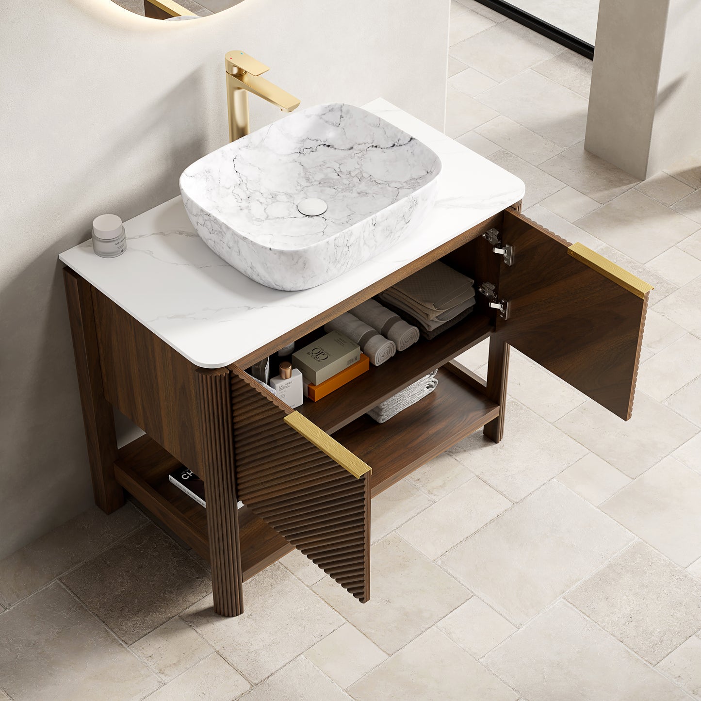Dexmalle 36-in Dark Walnut Freestanding Single Sink Bathroom Vanity with Sintered Stone Top and Vessel Sink