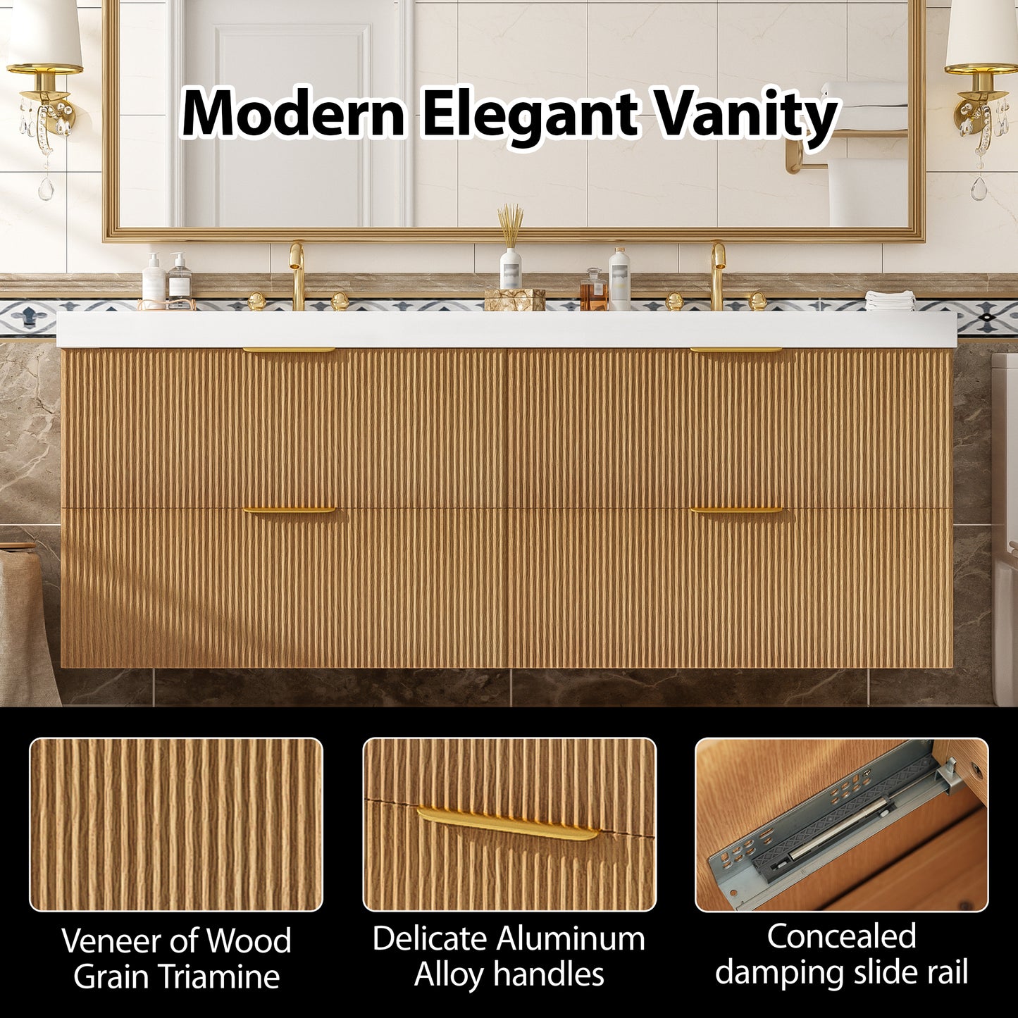 Dexmalle 60-in Brown Wall-Mounted Double Sink Bathroom Vanity With White SMC Top and Four Drawers