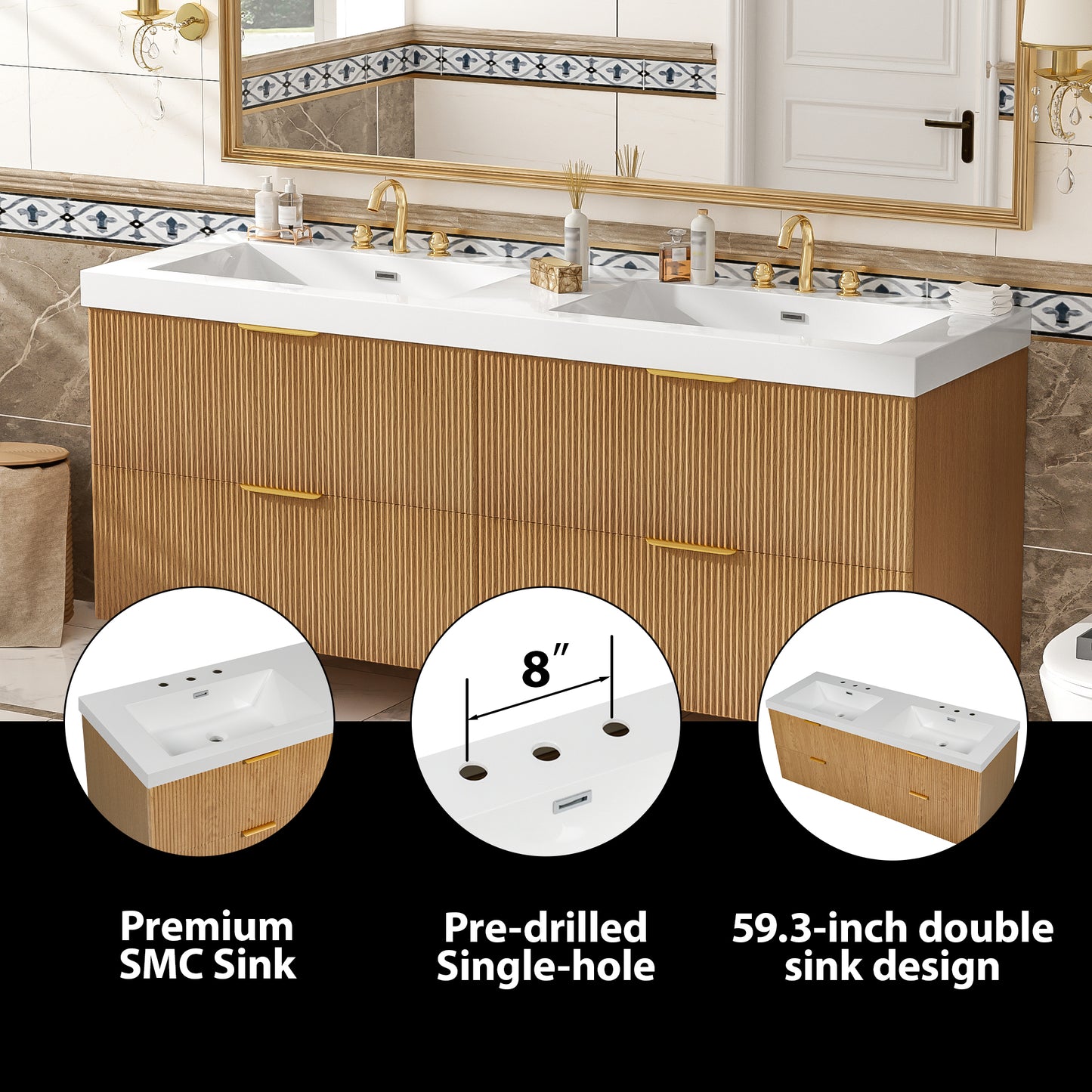 Dexmalle 60-in Brown Wall-Mounted Double Sink Bathroom Vanity With White SMC Top and Four Drawers