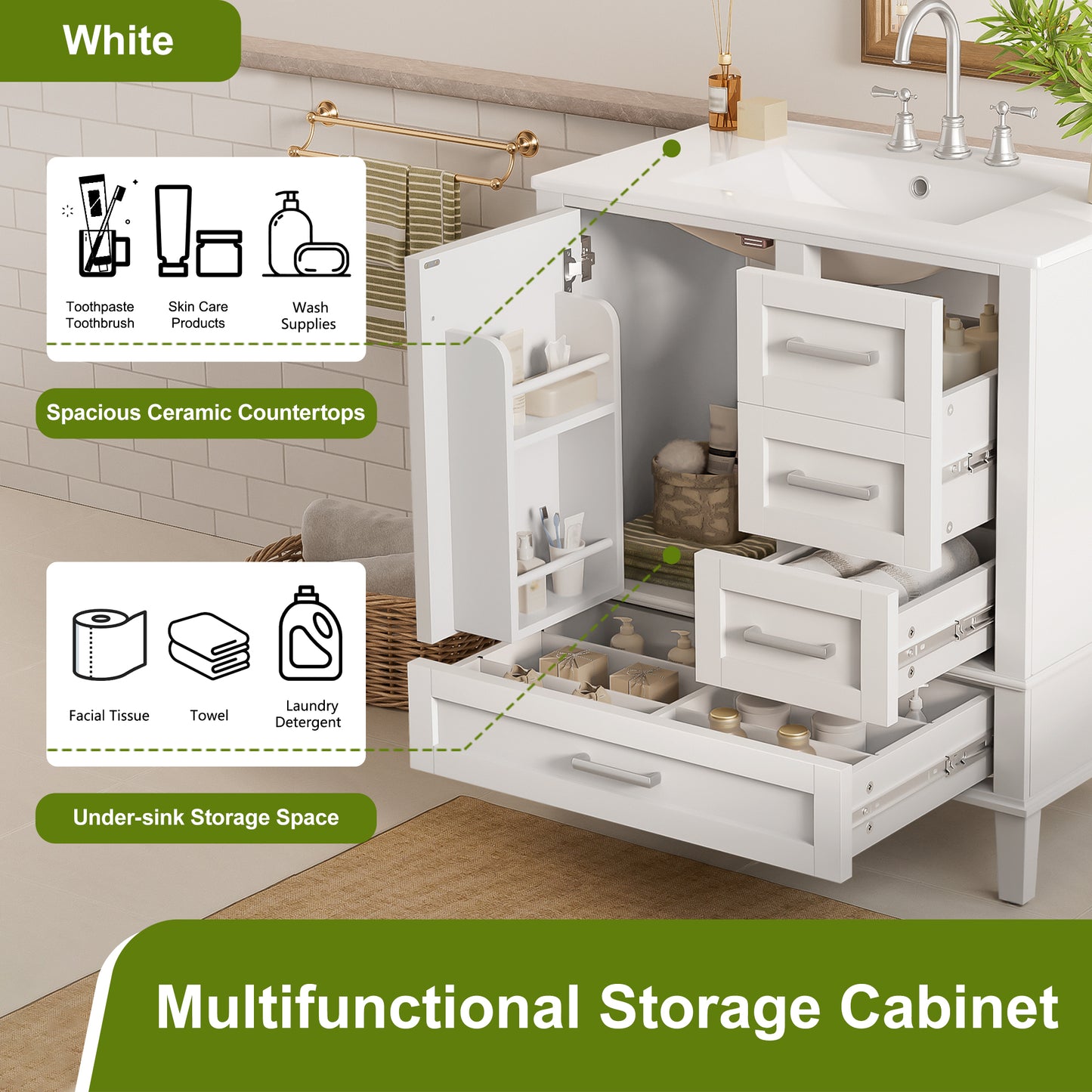 Dexmalle 30-in White Modern Freestanding Single Sink Bathroom Vanity with Ceramic Sink