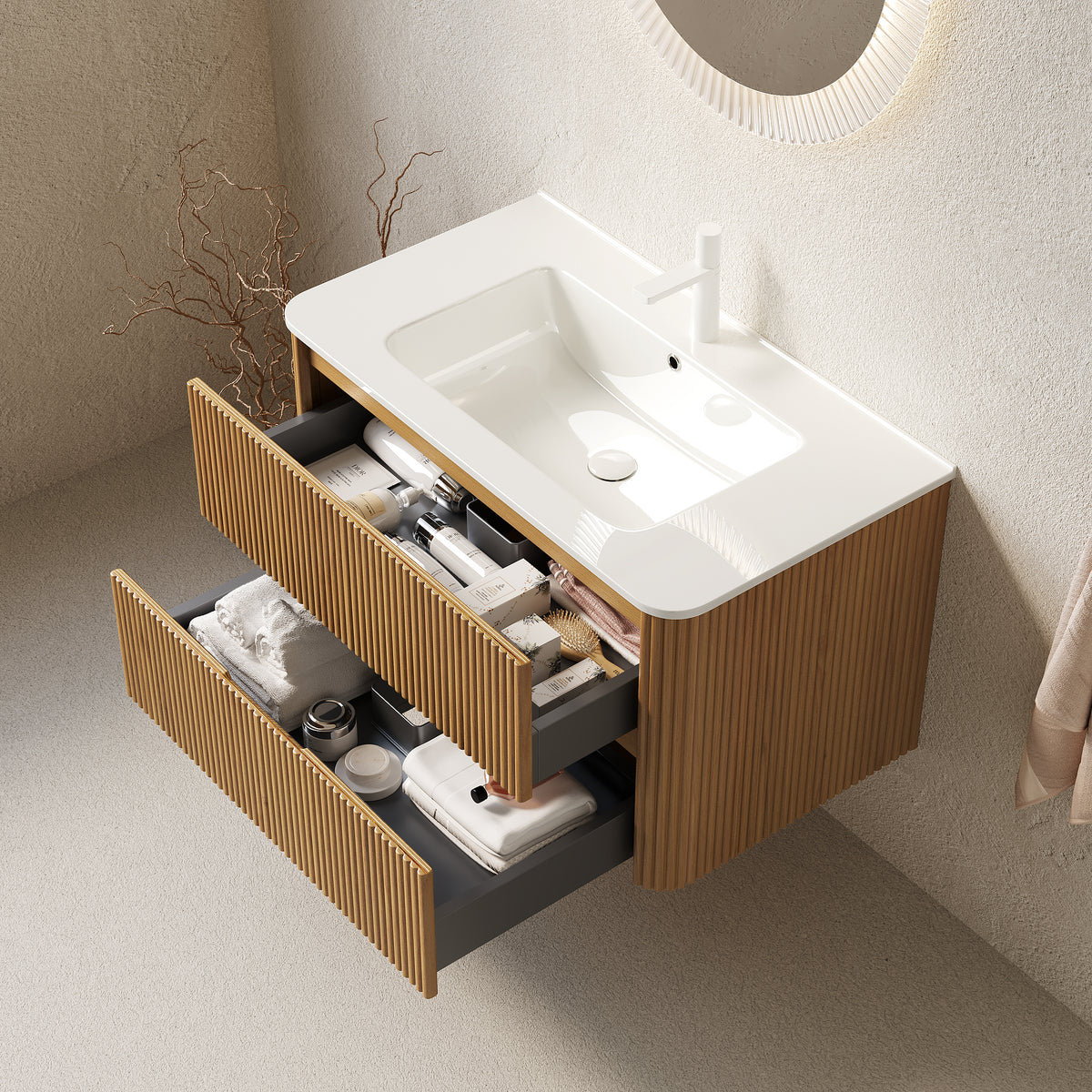 Dexmalle 36" Bathroom Vanity with Sink, Wall-Mounted Floating Plywood Bathroom Storage Cabinet with 2 Drawers