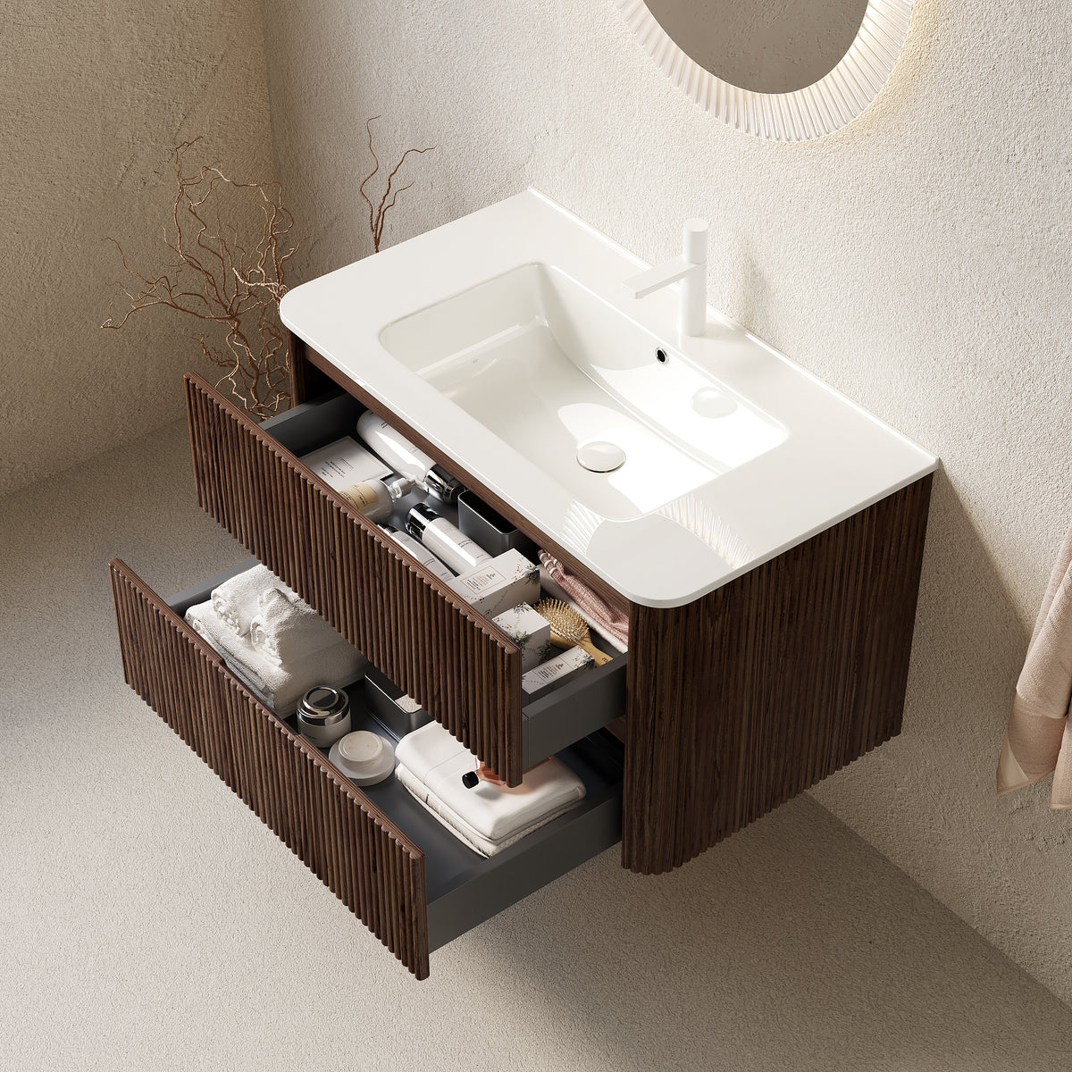 Dexmalle 36" Bathroom Vanity with Sink, Wall-Mounted Floating Plywood Bathroom Storage Cabinet with 2 Drawers