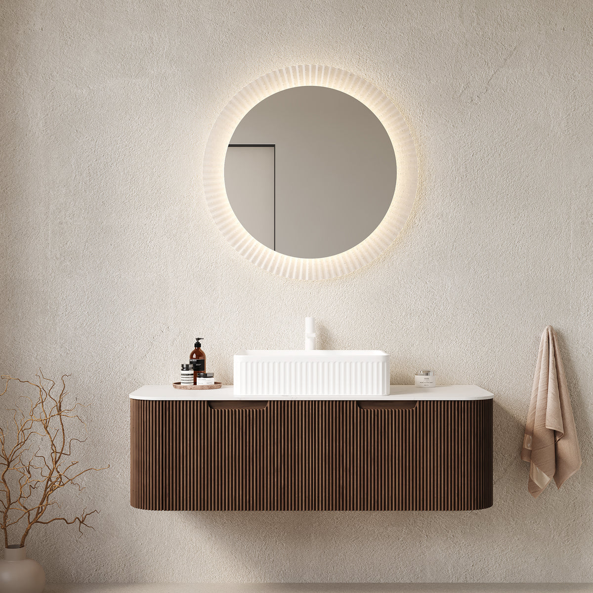 Dexmalle 48" Bathroom Vanity&Sink, Floating Curved Edges Stripe Storage Cabinet with 2 Drawers, White Rectangular Ceramic Basin