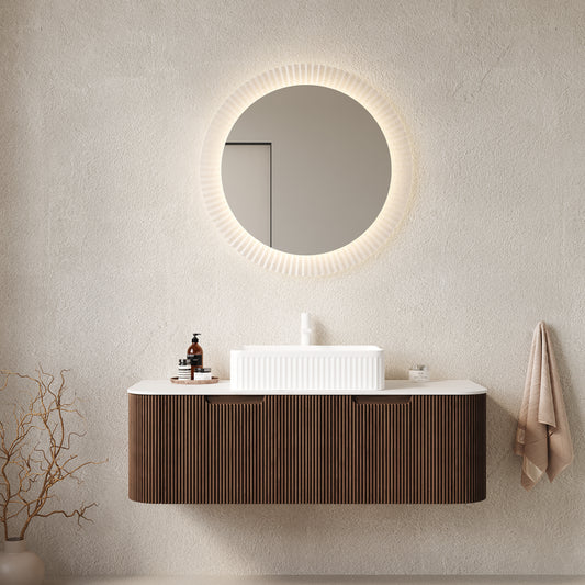 Dexmalle 48" Bathroom Vanity&Sink, Floating Curved Edges Stripe Storage Cabinet with 2 Drawers, White Rectangular Ceramic Basin