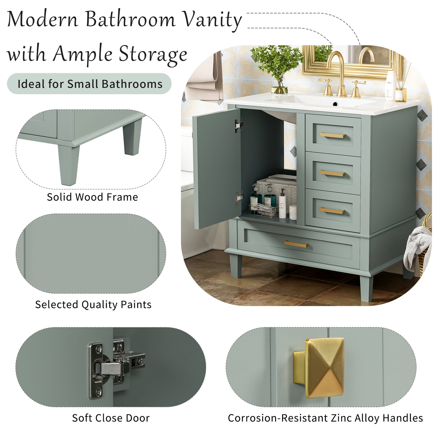 Dexmalle 30-in Light Green Freestanding Single Sink Bathroom Vanity with White Ceramic Top and Drawers