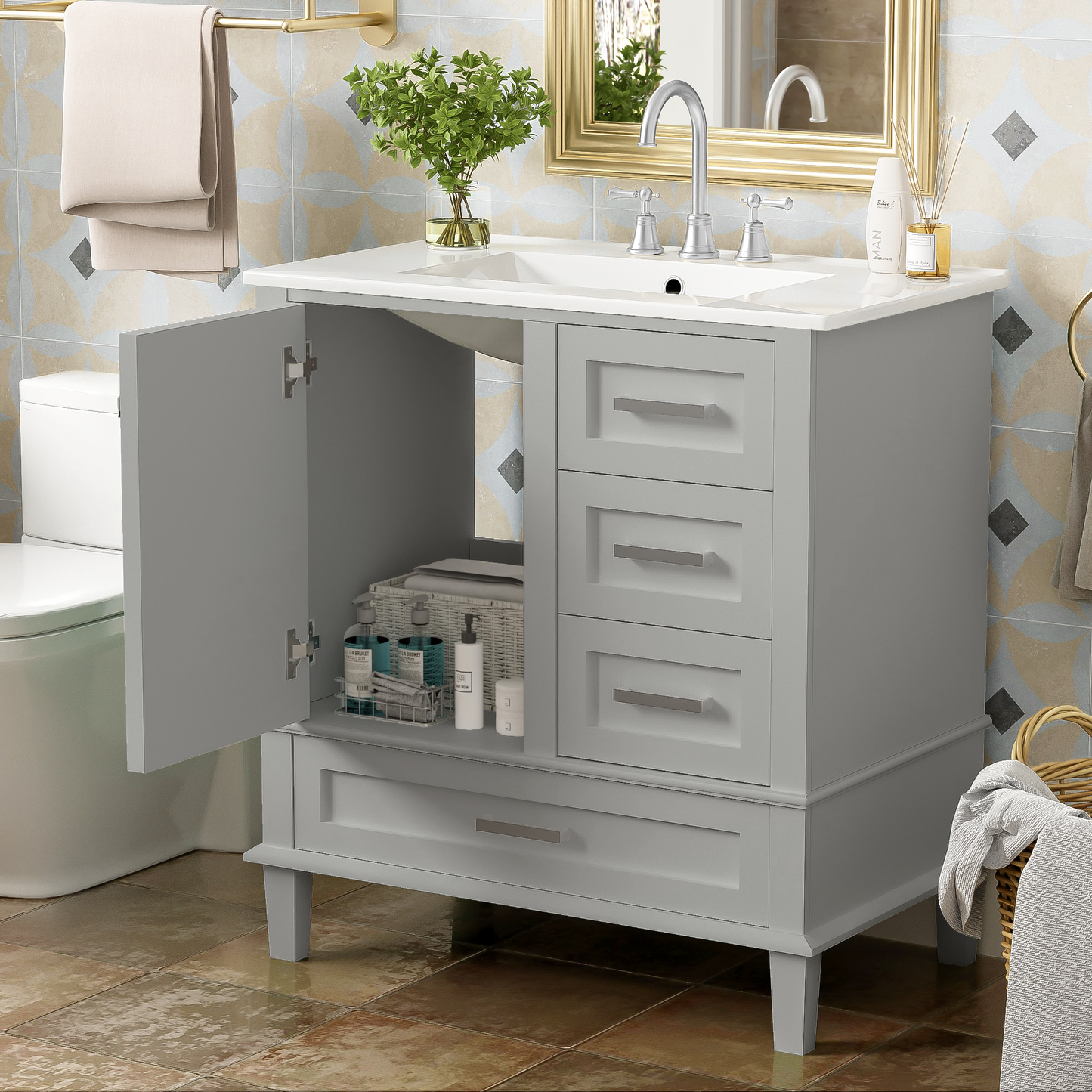 Dexmalle 30-in Gray Freestanding Single Sink Bathroom Vanity With White Ceramic Top and Three Drawers