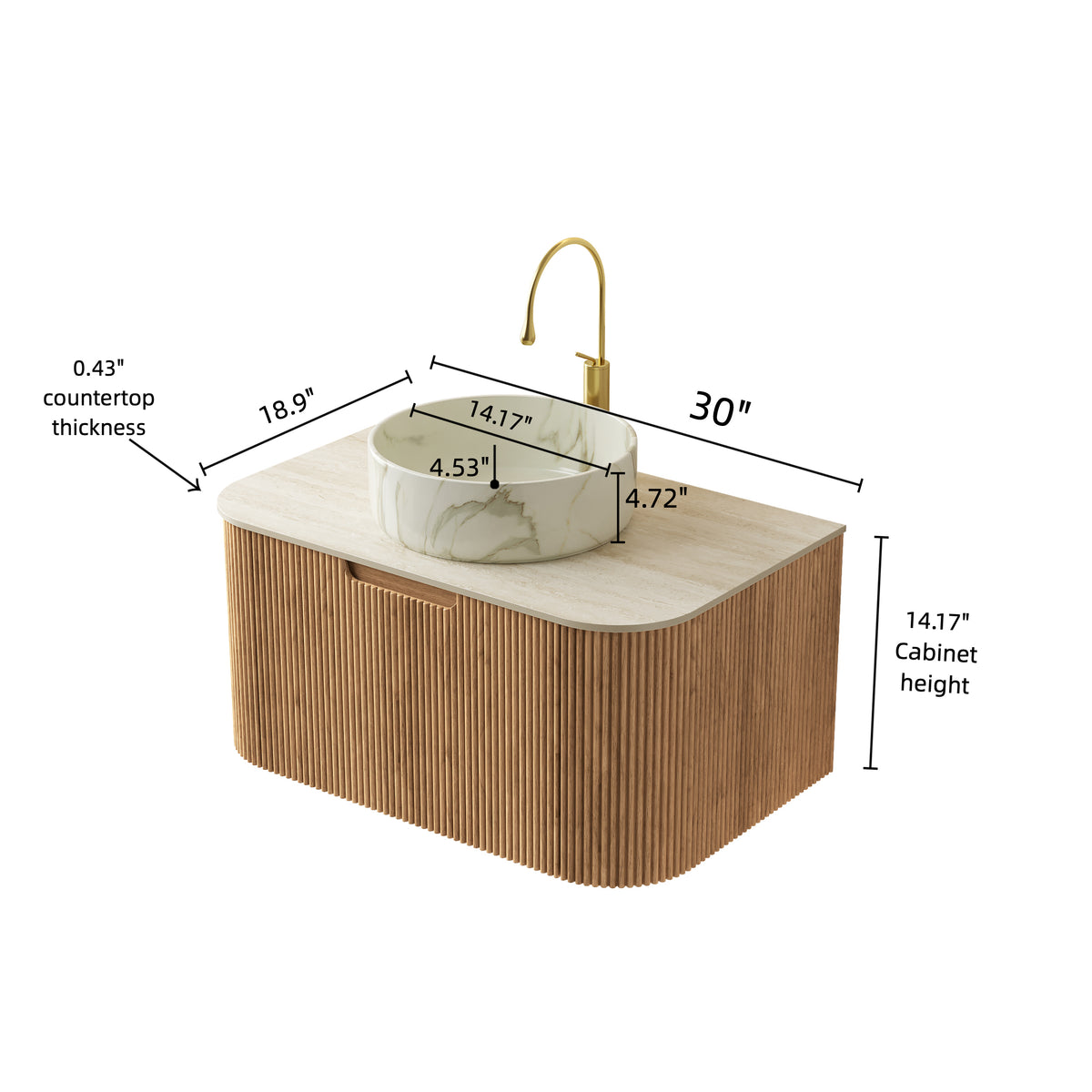 Dexmalle 30" Bathroom Vanity&Sink, Floating Curved Edges Striped Cabinet with Drawer, Round Ceramic Basin with Stone Pattern