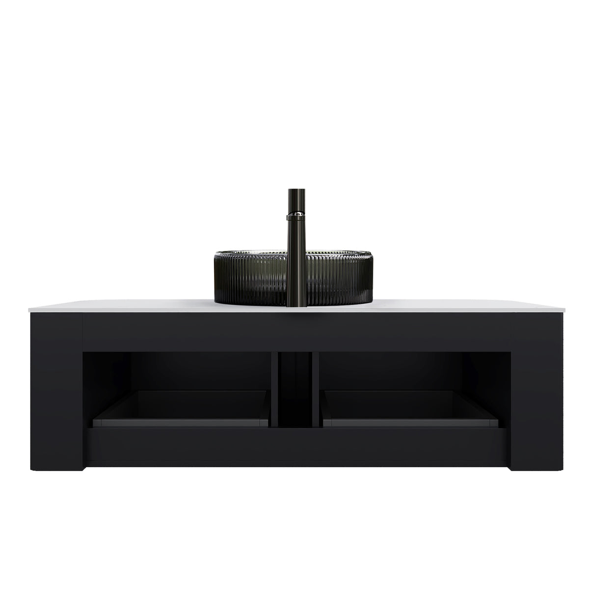 Dexmalle 48" Bathroom Vanity&Sink, Floating Curved Edges Striped Plywood Storage Cabinet with 2 Drawers, Transparent Black Round Glass Basin